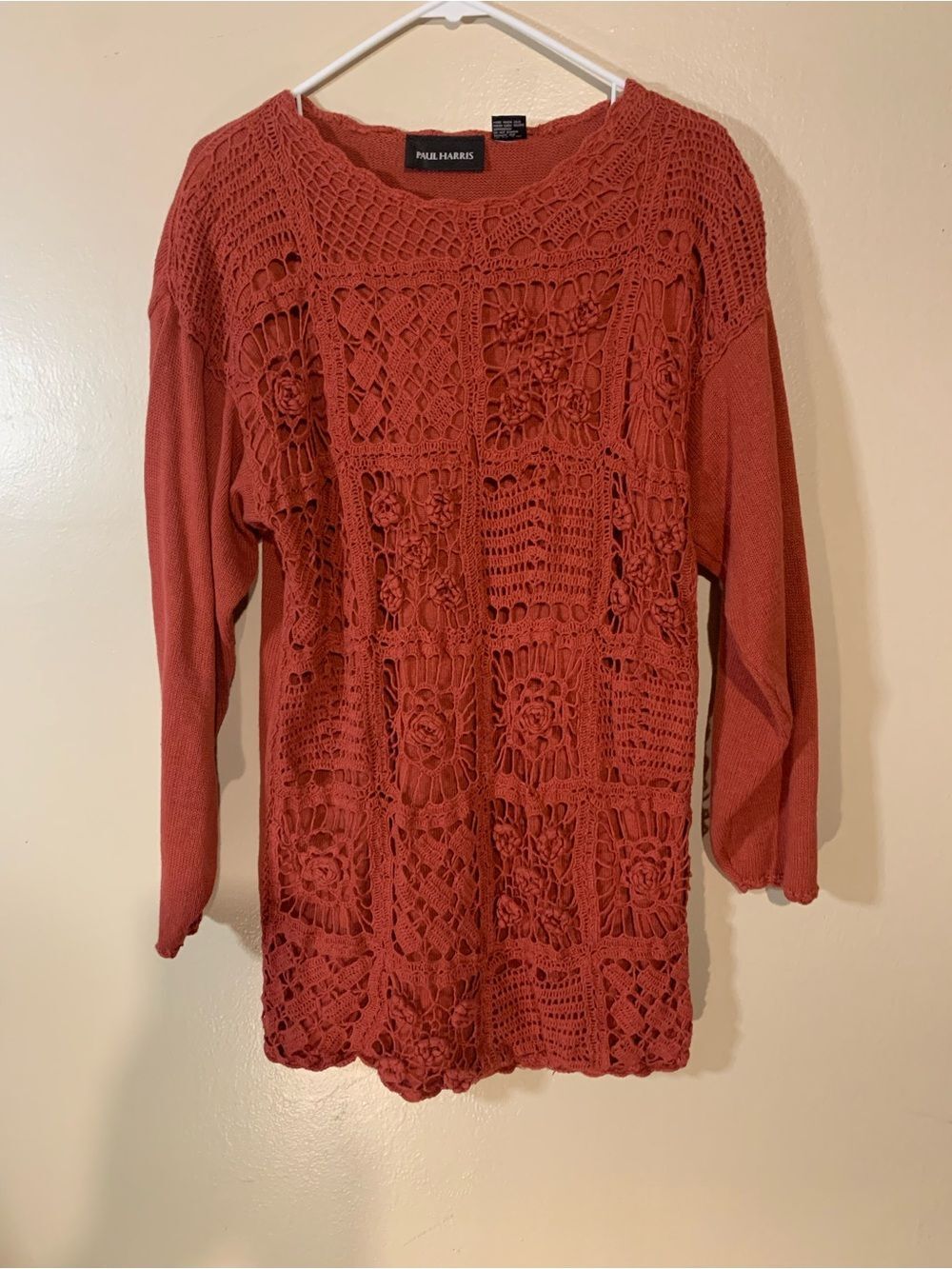 Paul Harris Rust Crochet Knit Sweater Vintage Long Sleeve Size Large Women's